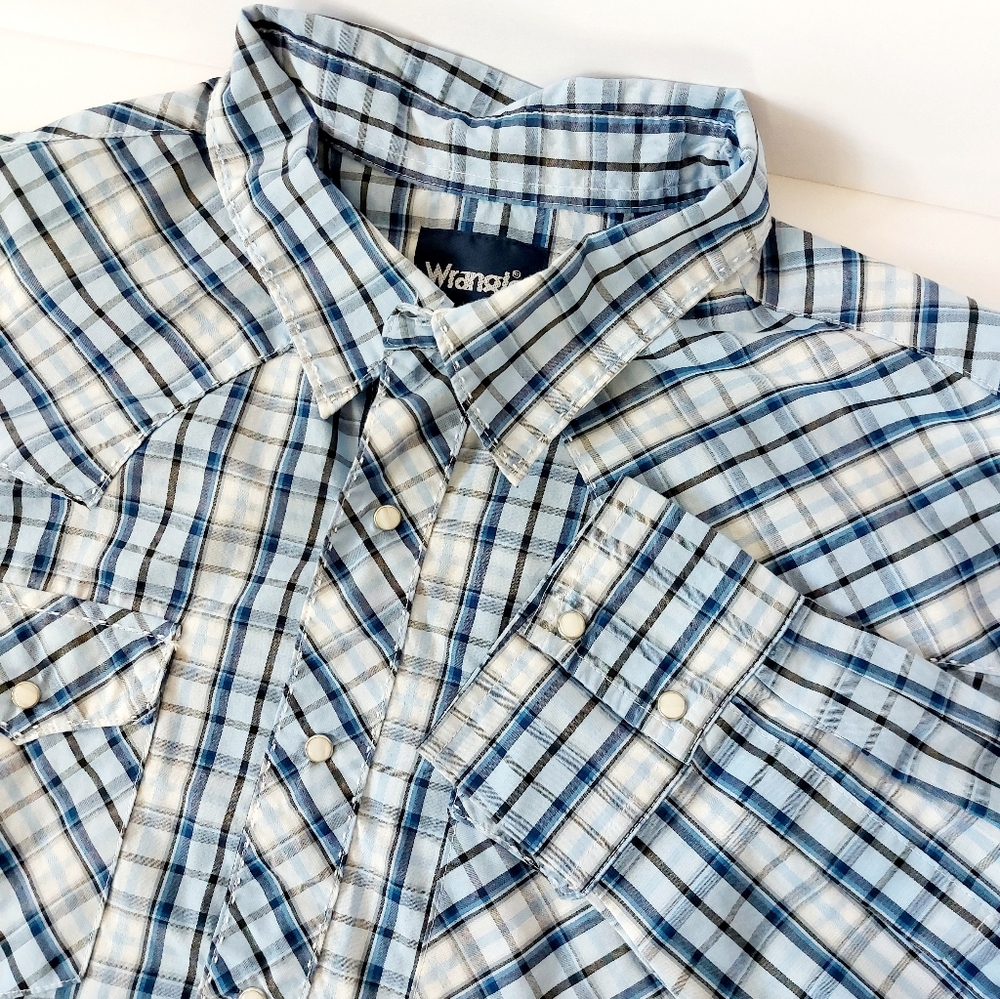 Wrangler Blue & White Plaid Snap Western Shirt XXLarge Vintage Cowboy